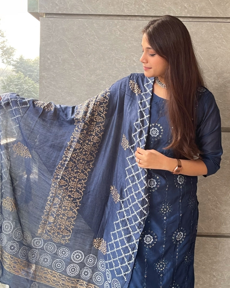 BLUE COTTON SILK IKKAAT SUIT