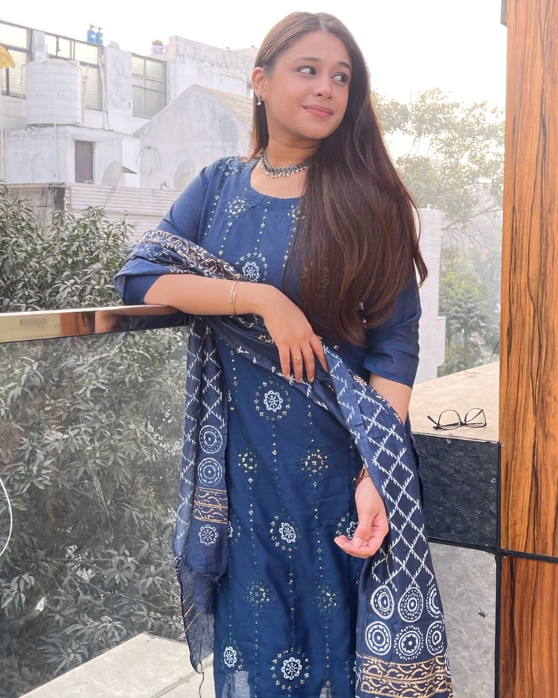 BLUE COTTON SILK IKKAAT SUIT