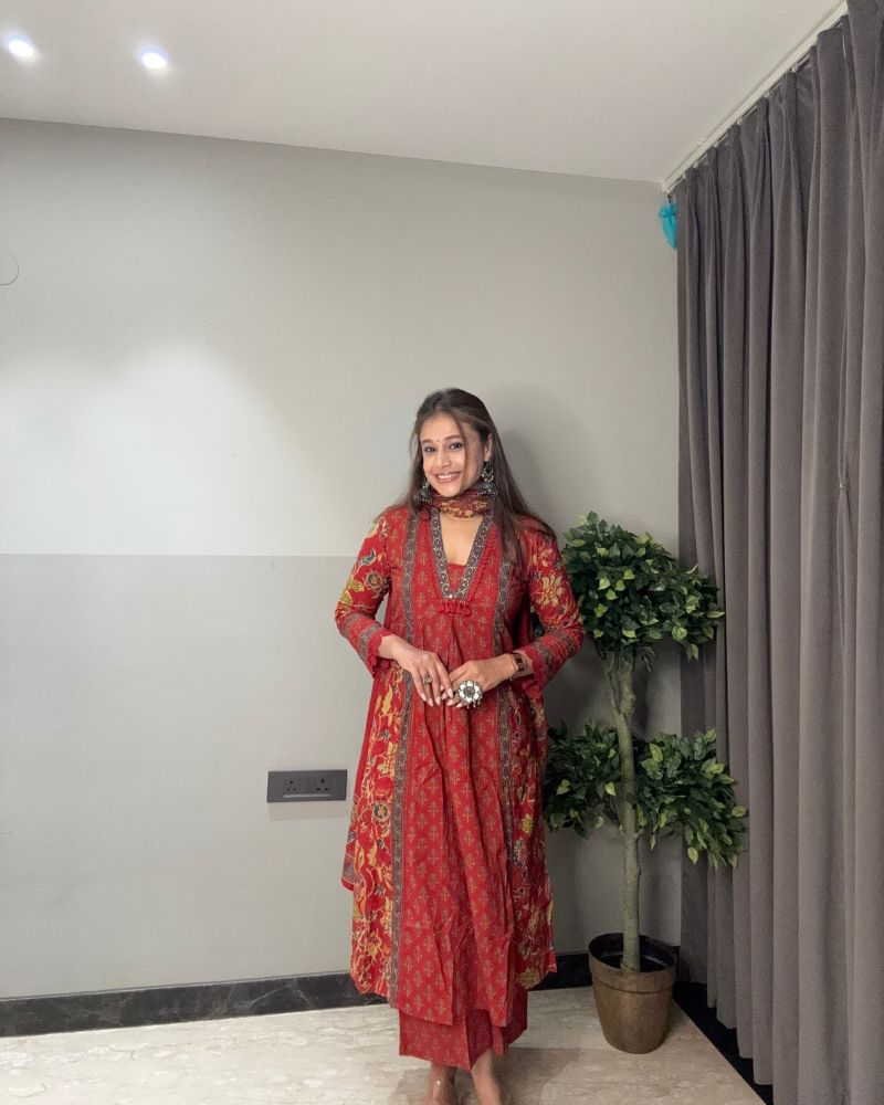 RED PRINTED SUIT SET