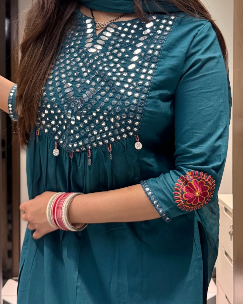 DARK GREEN MIRROR WORK SUIT