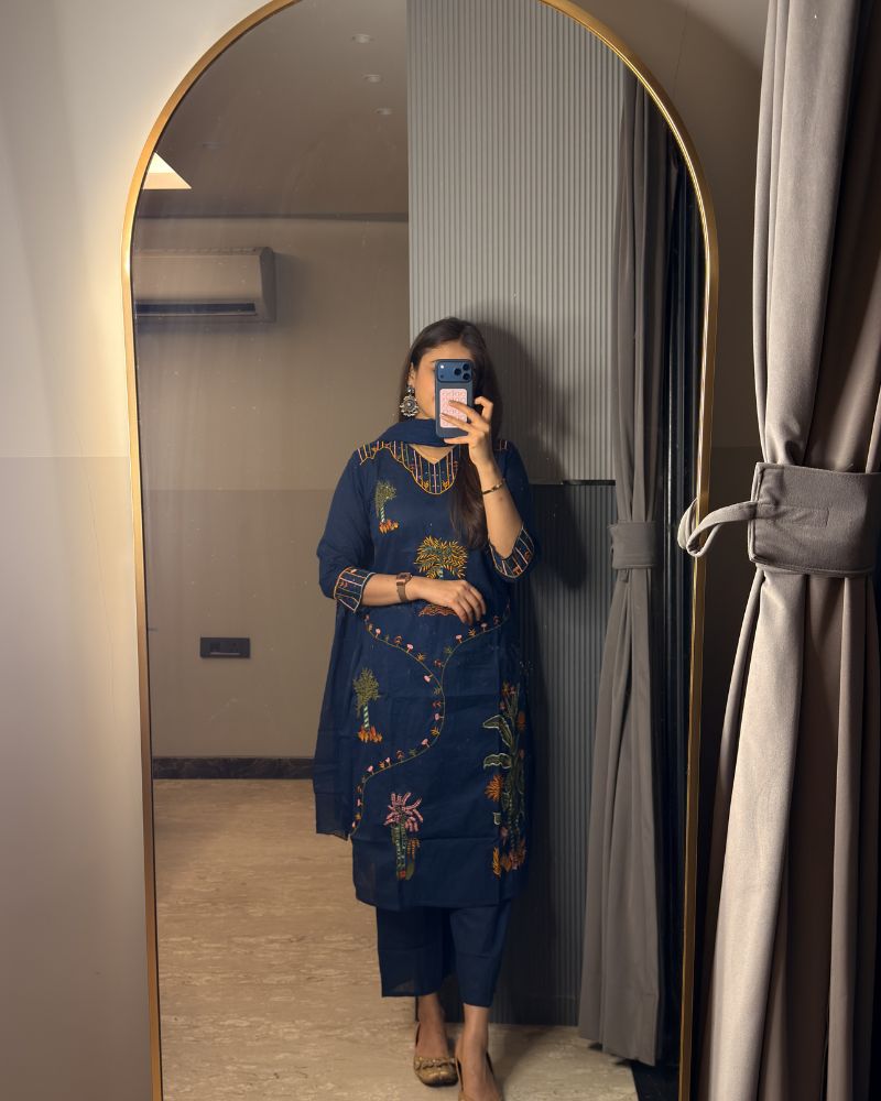 BLUE SUIT WITH FLORAL EMBRDRY