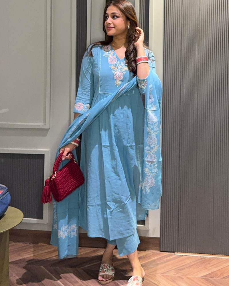 LIGHT BLUE EMB SUIT SET