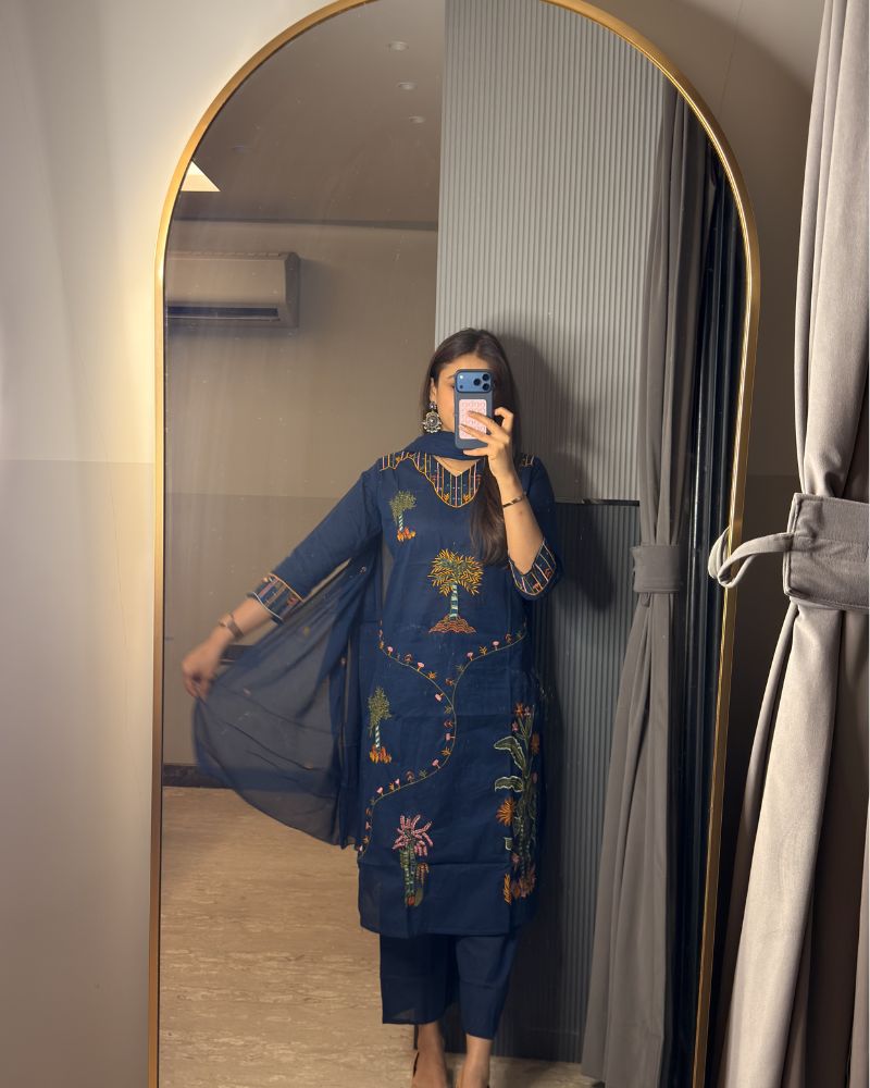 BLUE SUIT WITH FLORAL EMBRDRY