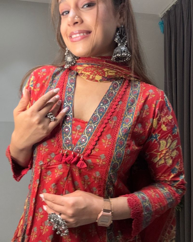 RED PRINTED SUIT SET