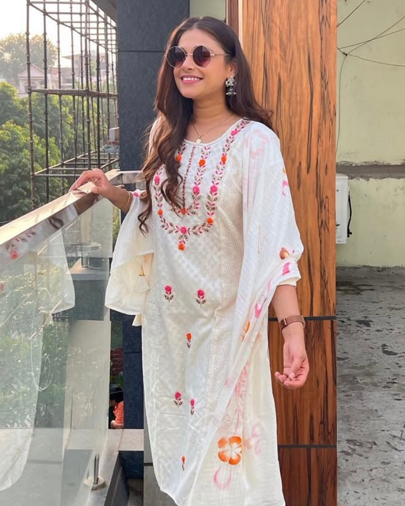 WHITE SUIT WITH COLOURFUL EMB