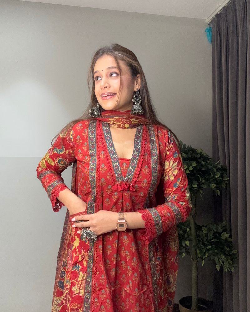 RED PRINTED SUIT SET