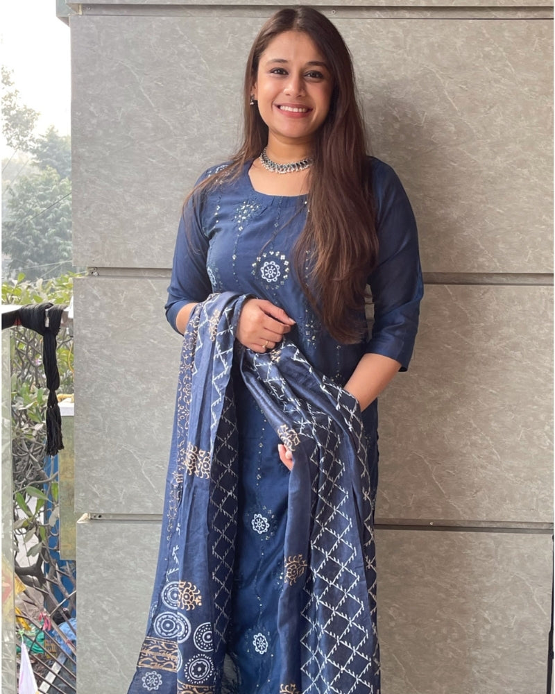 BLUE COTTON SILK IKKAAT SUIT